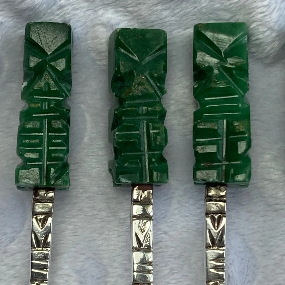 Vintage Hand Carved Jade and Sterling Silver Relish/Cocktail Forks